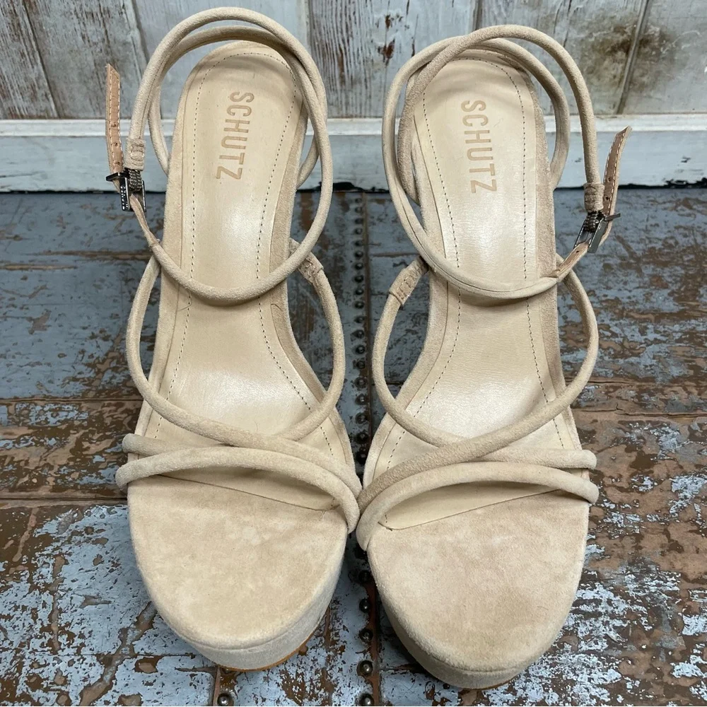 SCHUTZ Platform Nude Suede Strappy High Heels